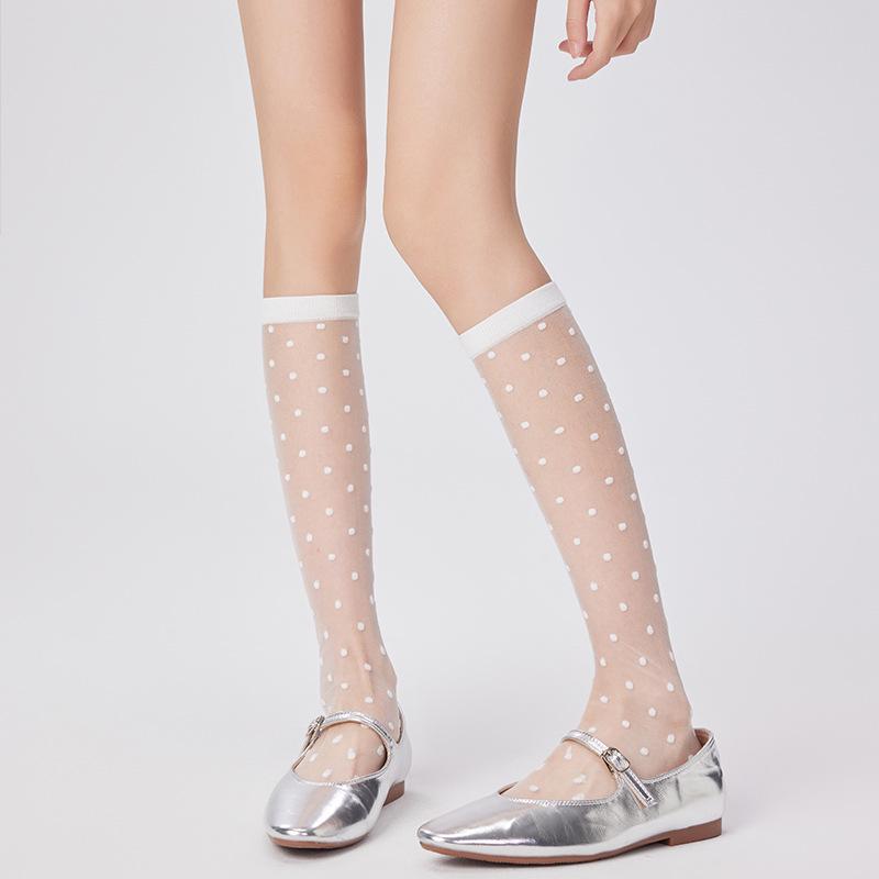 One-Piece Korean Style Polka Dot Silk Mesh Slouch Socks - Women's High Top Thin JK Lolita Calf Socks