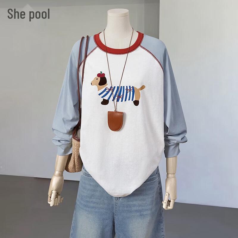 

Women s Cartoon Print Contrast Patchwork Long Sleeve T-Shirt M