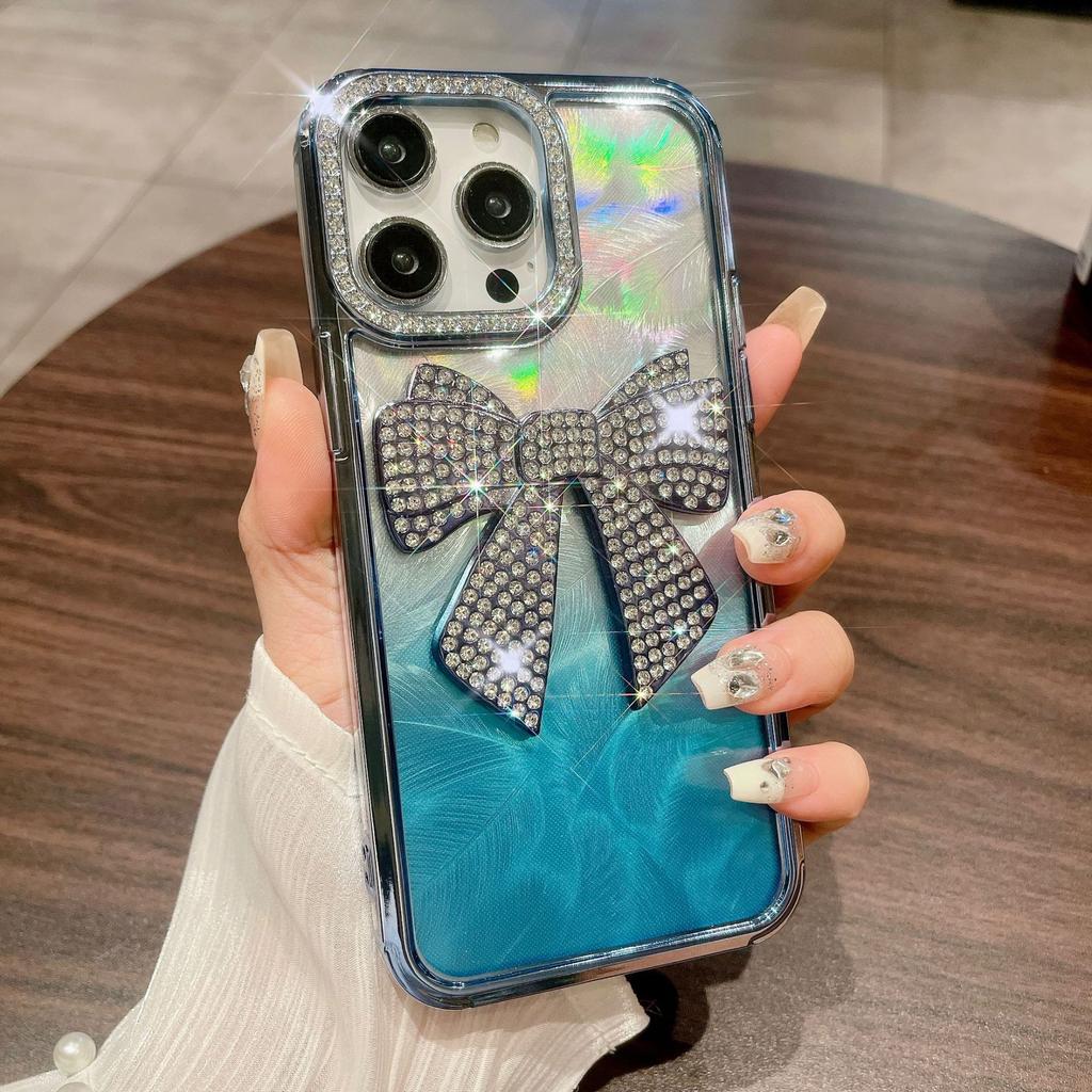 For IPhone 15 Electroplated Butterfly Crystal Diamond Phone Case for Apple 14 Gradient Feather 13 Luxury Protective Case for Women