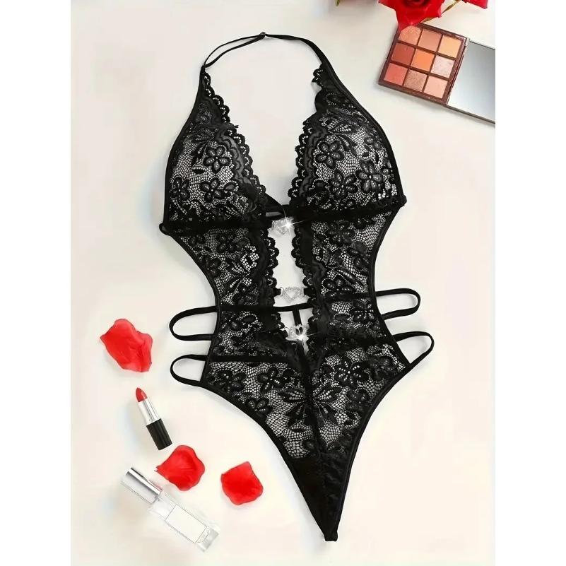 White Classic Sexy Floral Lace Cut Out Halter Teddy Bodysuit Lingerie Women Underwear Set Transparent Crotchless Erotic Costumes