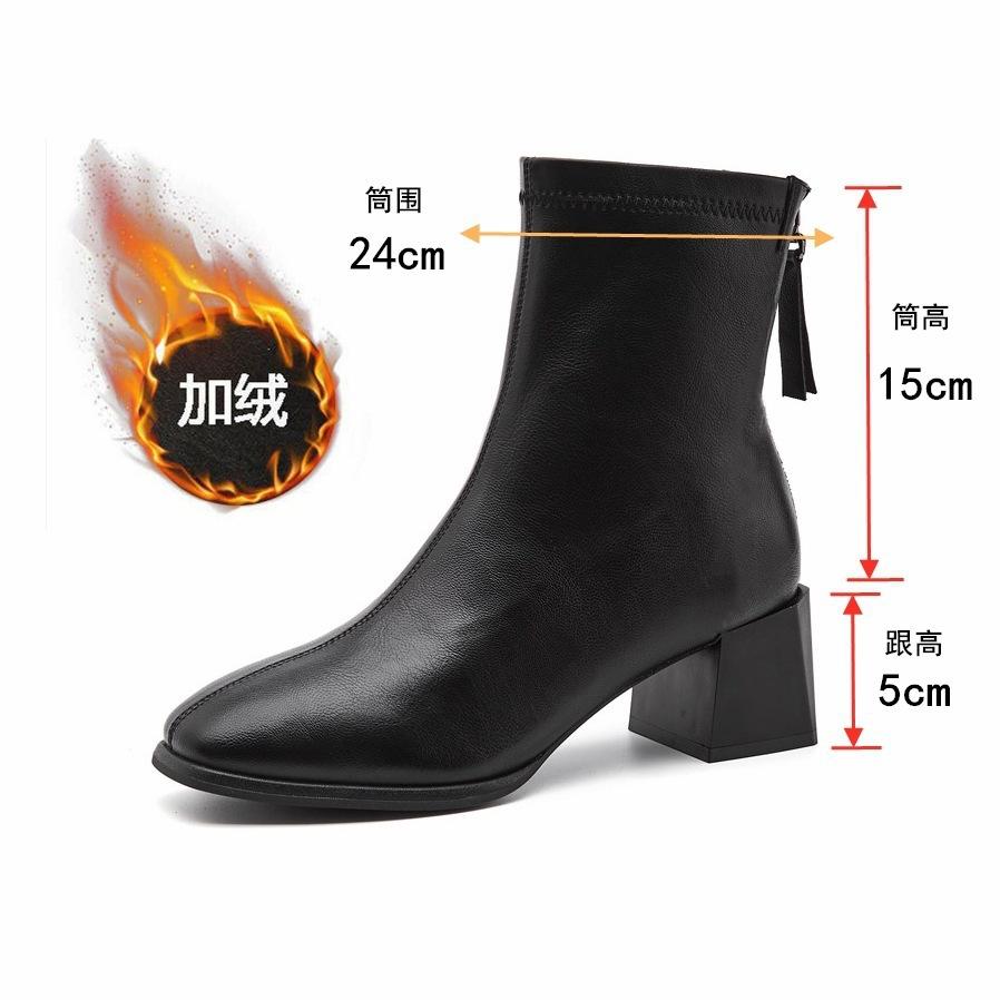 Full cowhide thin boots square head bare boots rear zipper autumn and winter velvet French thick high-heeled short boots women's single boots