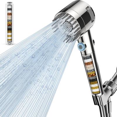 FEELSO Duschchlorentferner 5 Hoher Wasserdruck Linderung von Juckreiz Massagebürste Einfache Wasserreinigung Ultrafein Enthält 3 Silberne Köpfe, Dusche, Modi,