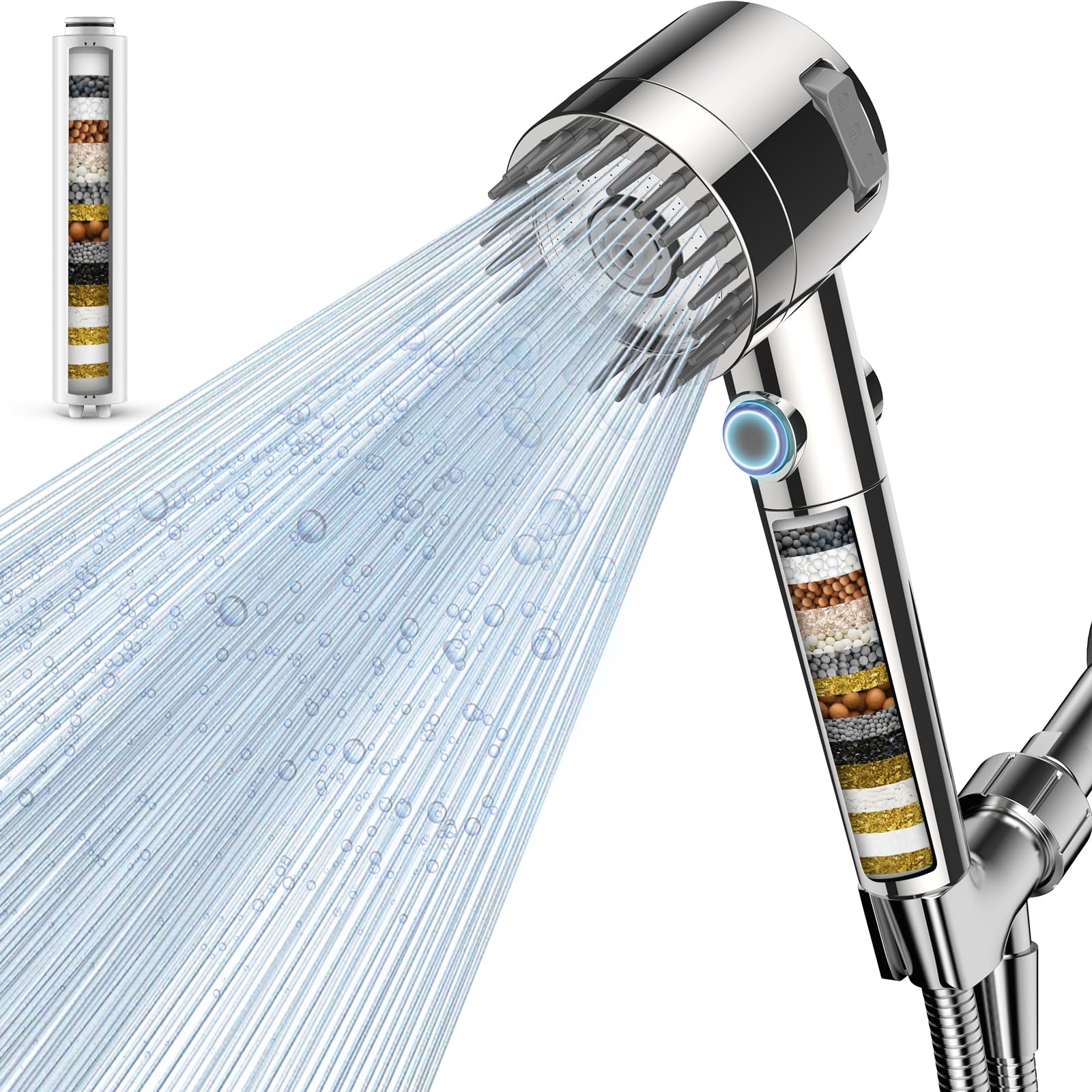 

FEELSO Shower Chlorine Removal 5 High Water Water Relieves Itchy Massage Brush Easy Water Cleansing Ultra Fine Includes 3 Silver Head, Shower, Modes,