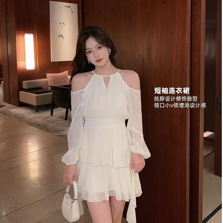 Summer French neck off-the-shoulder chiffon dress fairy coffee break skirt high-end seaside vacation tutu skirt