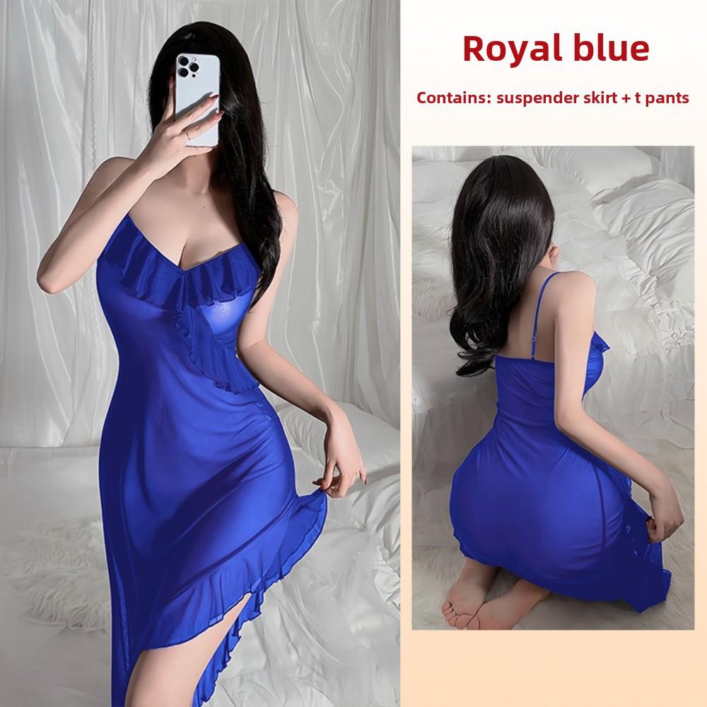 Style Suspender Nightgown Sexy Charming Ruffle Bottom Swing Split Pajamas Loungewear