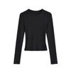 Trendy Women's Ribbed Long Sleeve Round Neck T-shirt - Slim Fit Autumn/Winter Base Layer in Solid Color.