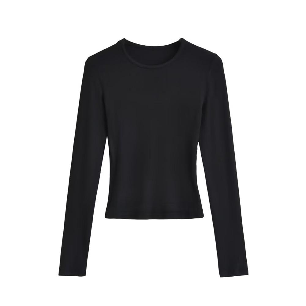 Trendy Women's Ribbed Long Sleeve Round Neck T-shirt - Slim Fit Autumn/Winter Base Layer in Solid Color.