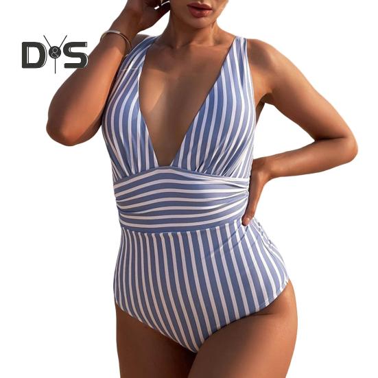 Women Monokini Deep V-Neck Sleeveless Slim Fit One-Piece Bikini Striped Print High Waist Tummy Control One-piece Swimsuit