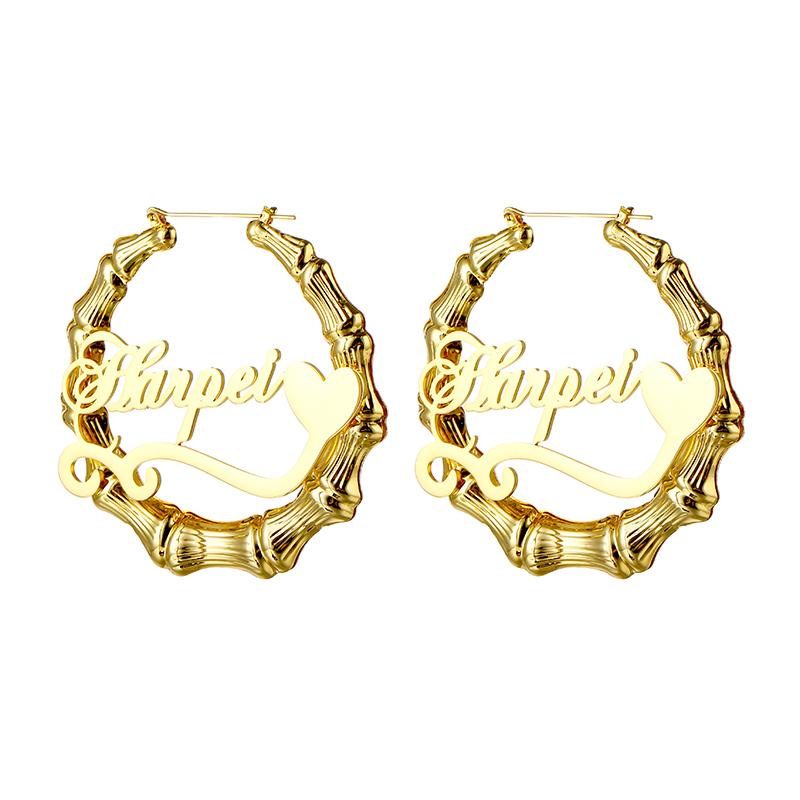Stainless Steel Gold Plated Personalized Name Letter Big Large Earrings Customized Bamboo Name Hoop Earrings