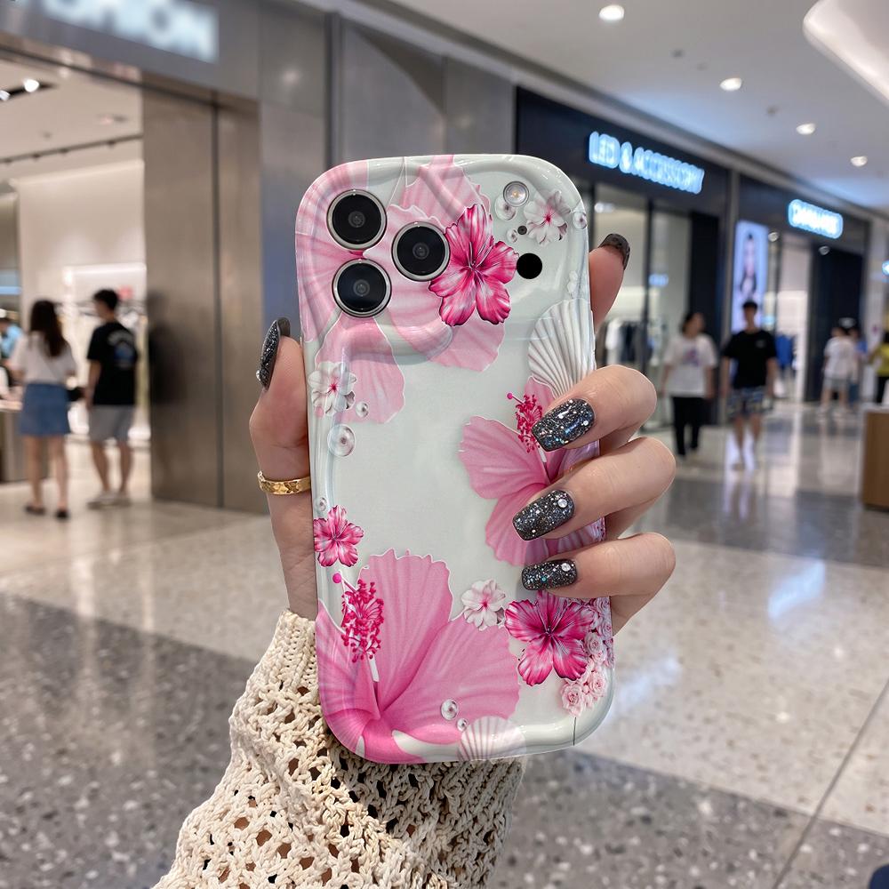 Watercolor Hibiscus Shell Wavy Edge Phone Case For iPhone 17 16 15 14 13 12 11 8 7 Plus Pro Max Floral Bumper Cover