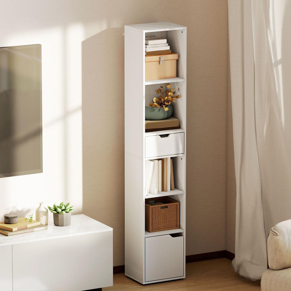 Bookcase Bookshelf, Drawer, Cupboard, Open Compartments, 30 x 24 x 158 cm, White