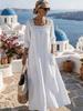 New Style Solid Color Square Neck Lace Patchwork Long Skirt Dress with Seven-Sleeves for Women
