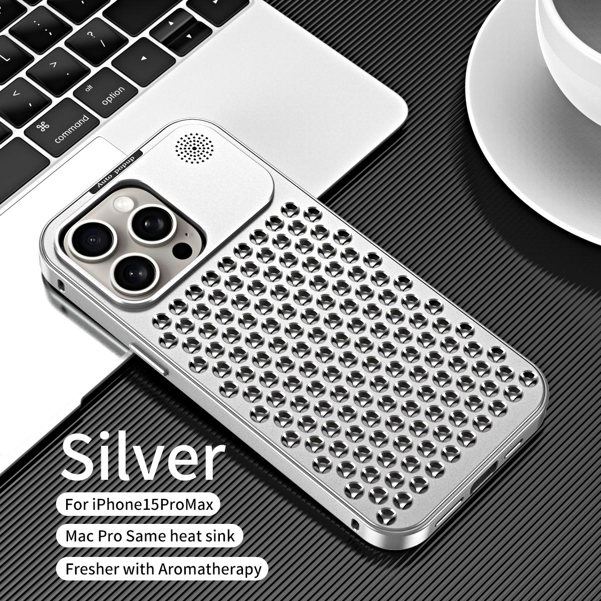 

Чехол для ароматерапии из алюминиевого сплава с эластичной пряжкой для iPhone 16, 15, 14 Pro Max, чехол для iPhone 12, 13 Pro, чехол для iPhone с полым рассеиванием тепла, защита от падения For iPhone 12 Pro Max серебряный