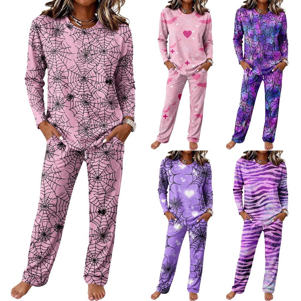 Women's Casual Pajama Set with Round Neck Long Sleeve and Drawstring Wide Leg Pants