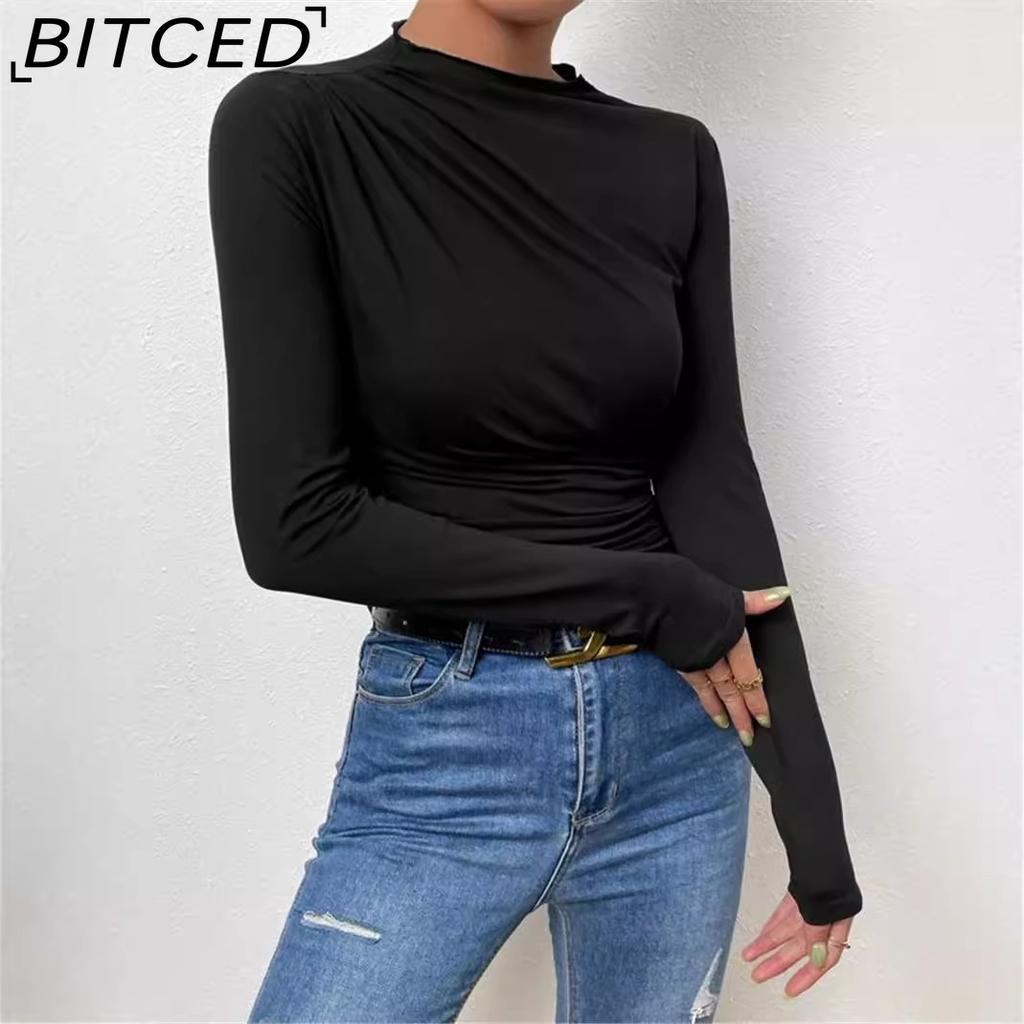 BITCED Women's Solid-Colour Slim-Fit Base Layer Top Versatile Pleated Detail Long-Sleeved T-Shirt