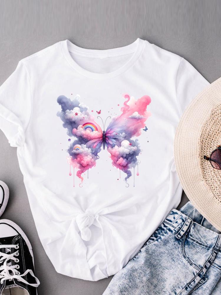 (Asian Size) flower sweet floral Women's Clothing Print Short Sleeve T-shirts Fashion Female Casual Top T O-neck Graphic Tee