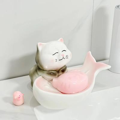 Sevimli Kedi Seramik Sabunluk Drenaj Ev Karikatür Banyo Banyo Sabunluk Sabunluk Seramik Raf Banyo Dekorasyon Aksesuarları