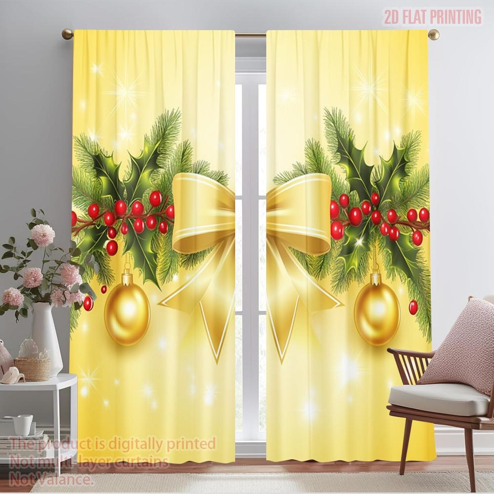 

2pcs,2D plane printing Popular Curtain Panels Christmas Bow Holly Berries Ornaments (4) Durable 100% Polyester Fabric (without 52.50×116.00 CM 2pcs