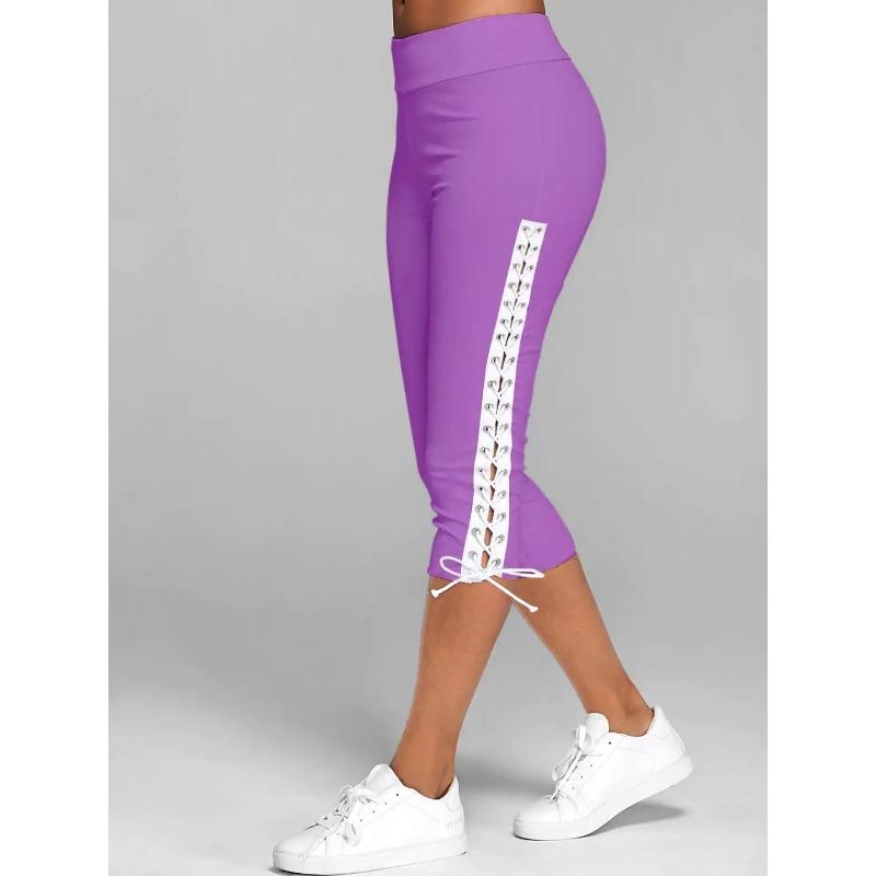 Womens Slim Fit Eyelet Lace Up Capri Leggings Multi Color