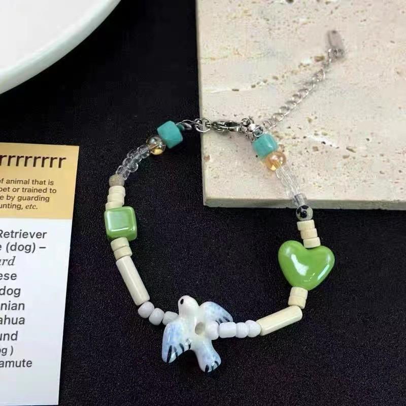 Womens Trendy Ceramic Beaded Bracelet With Heart And Geometric Charms Retro Style