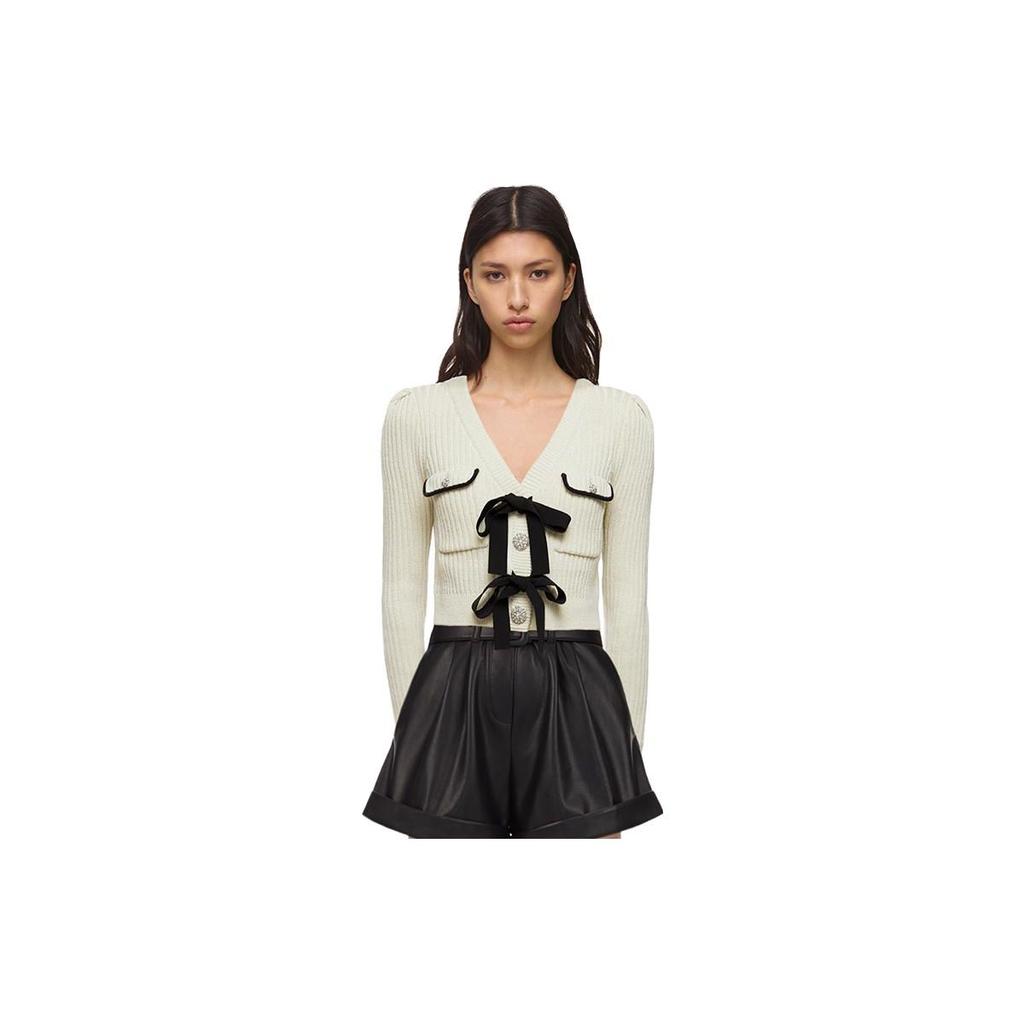 Self-Portrait Color-Block Bow V-Neck Long Sleeve Slim Fit Short Versatile Cardigan Sweater College Style Autumn Winter Layering Knit Top SWF325M01800