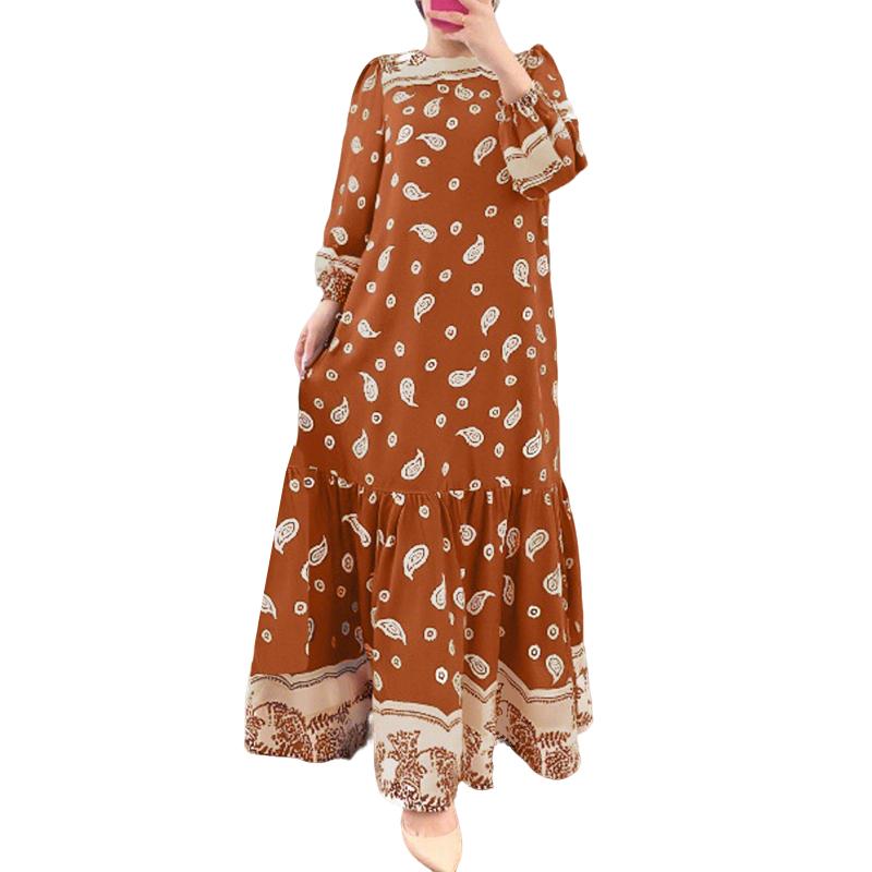 

ZANZEA Женское повседневное платье с круглым вырезом, длинным рукавом, свободного кроя, с принтом в стиле ретро 5XL коричневый