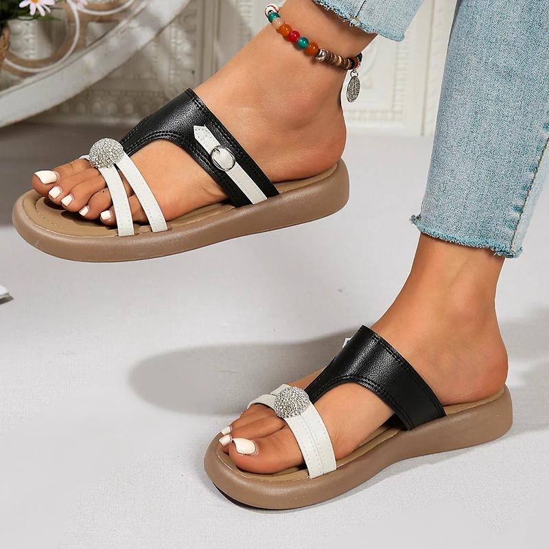 Mixed Colors Flat Slippers Women Shiny Crystal Ball Soft Sole Non Slip Beach Shoes Summer Comfort Light Platform Outdoor Slides