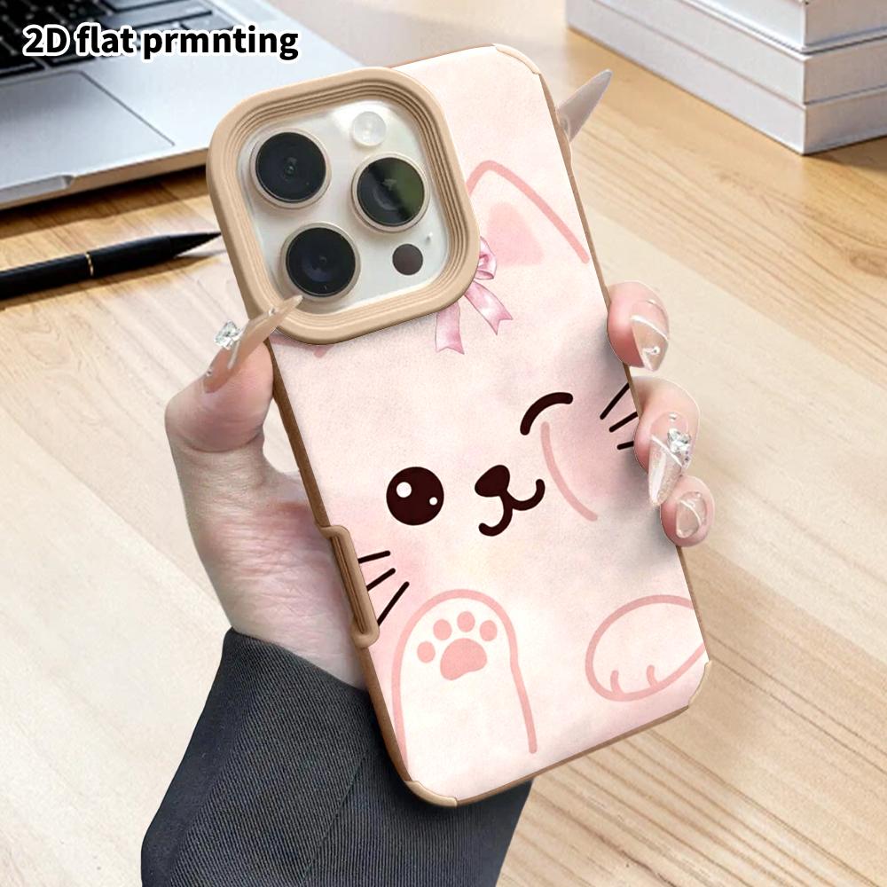 Phone Case: 2D Flat Lambskin Suitable for iPhone 18, 17, 16, 15, 14, 13 Pro Film Protective Case,light Pink Kitten, Christmas and Halloween Gift