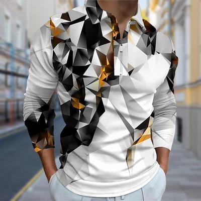 Polo Shirts Men Long Sleeve Broken Blocks Print New Men's Polo Shirt Long Sleeve Zipper T-shirt Top