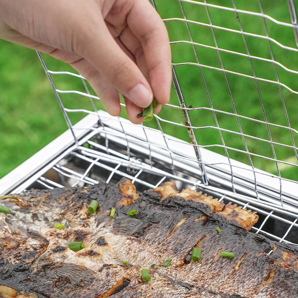 Rejilla Portátil de Acero Inoxidable para Parrilla Barbacoa al Aire Libre Cesta para Asar Pescado Mango de Madera Herramienta para Barbacoa Camping Picnic Cocina
