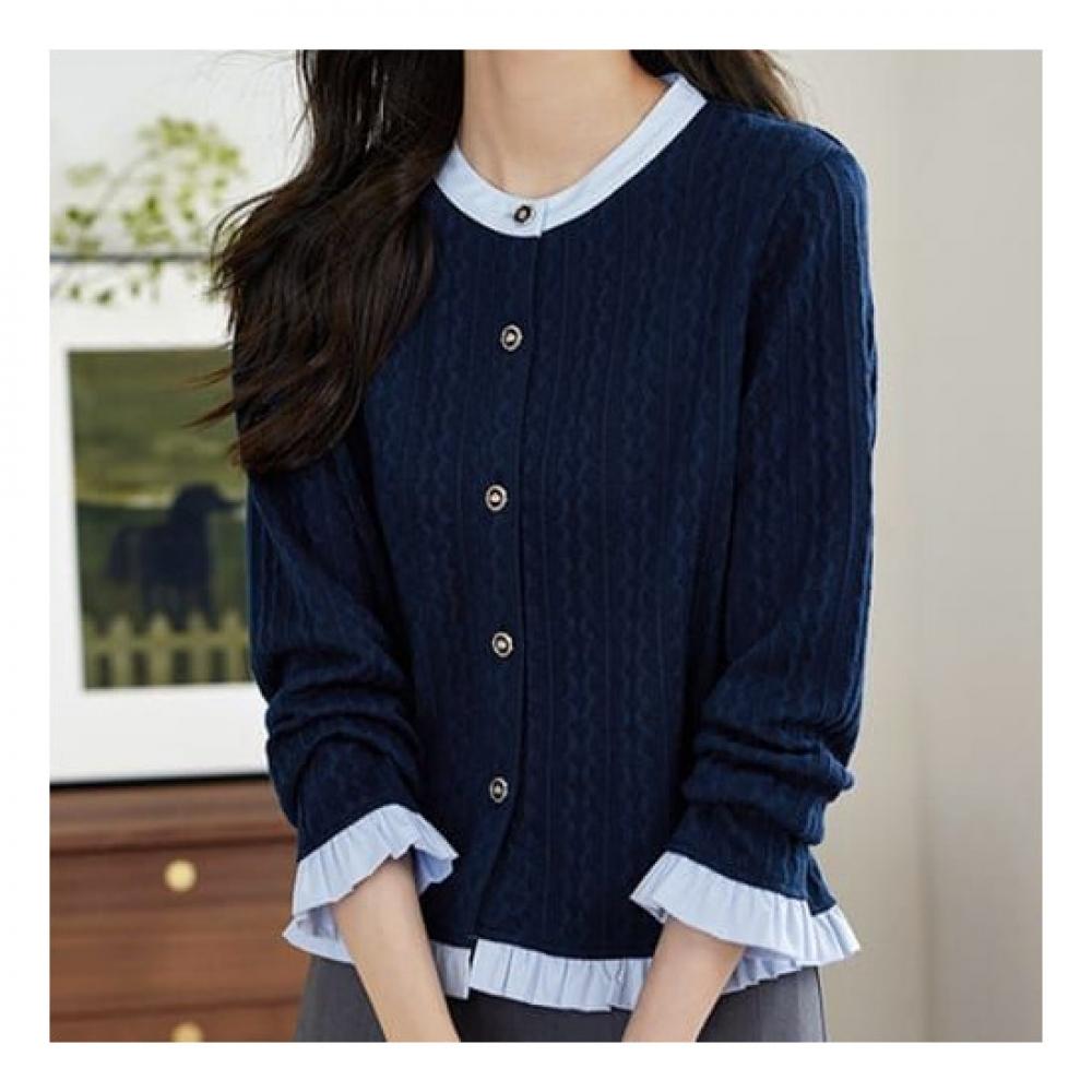 Navava Long Sleeve Knit Cardigan Frill Color Block Nk2034