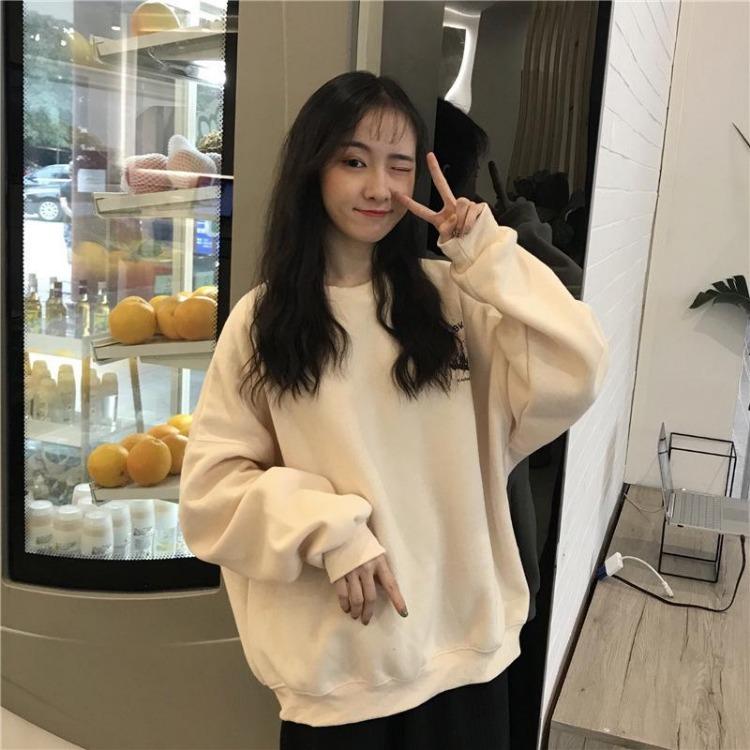 

Loose Long Sleeve O Neck Pullover Sweatshirt Women Solid Color Casual Tops XXL абрикосовый