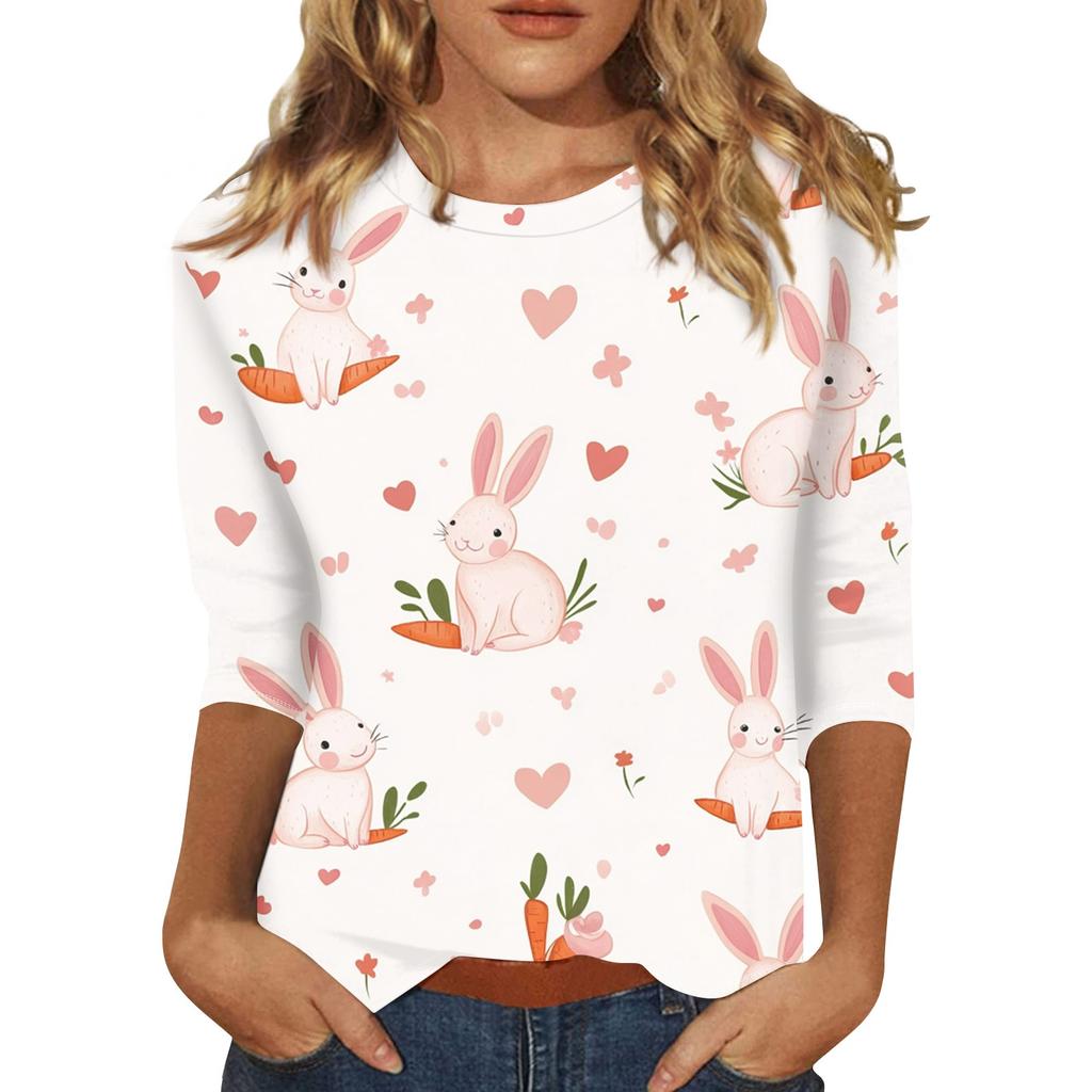 Women's Fashion Loose Casual Seven Sleeve Printed Round Neck Top