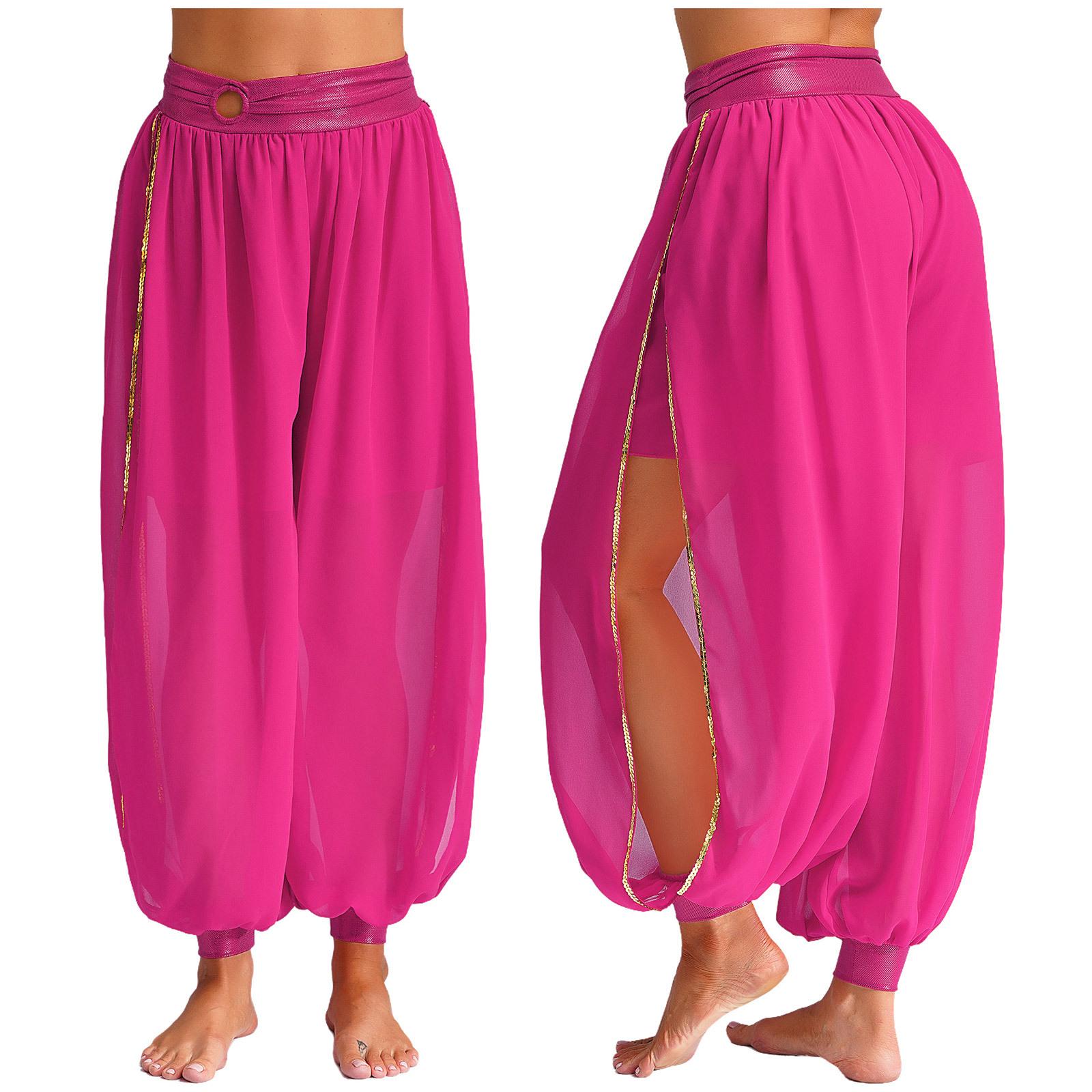 

Women s Belly Dance Harem Pants Ruched Waistband Side Split Pants Chiffon Bloomers Dancewear One Size