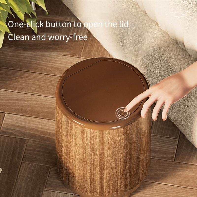 Waterproof Decorative Trash Bin Wooden Grains Pattern Design 12L Large Capacity Rolling Garbage Container For Indoor Use