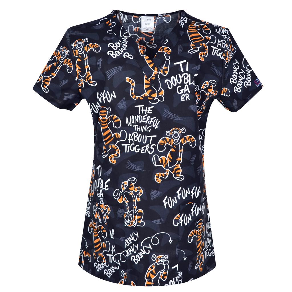 Hennar Uniforme de Trabalho Feminino 100% Algodão Estampado Uniformes Decote V Manga Curta XXS-3XL Hospitalar Clínico Uniforme de Trabalho Top