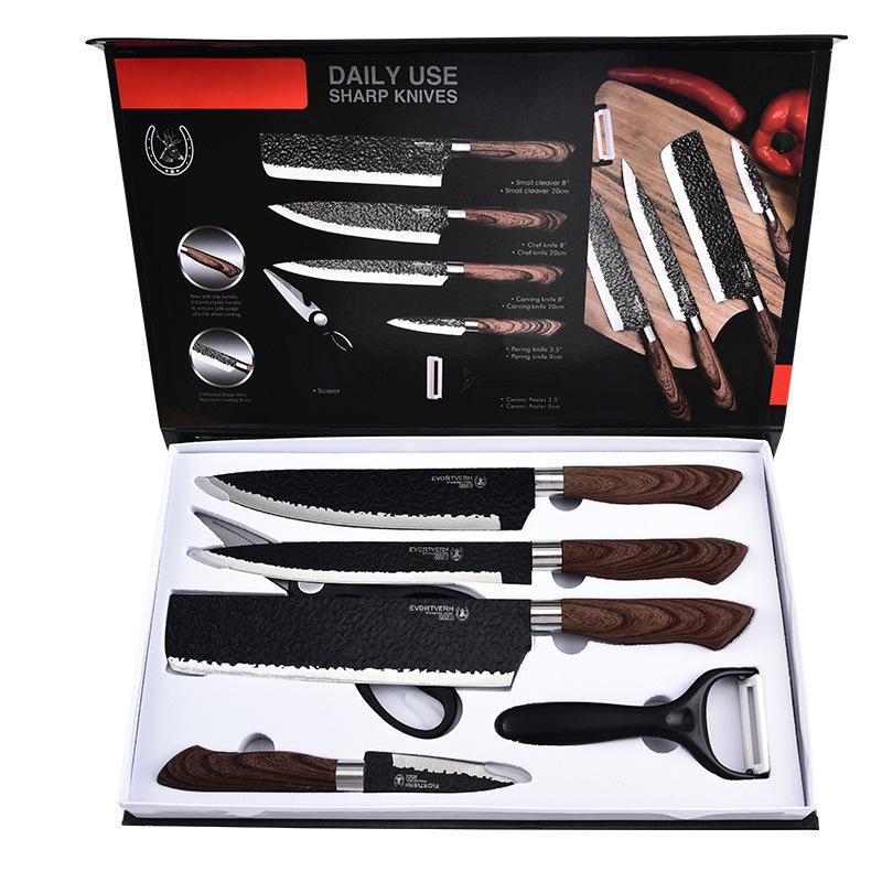 Hammered Stainless Steel Forged Cutlery Set with Sheathed Handles, Six Pieces