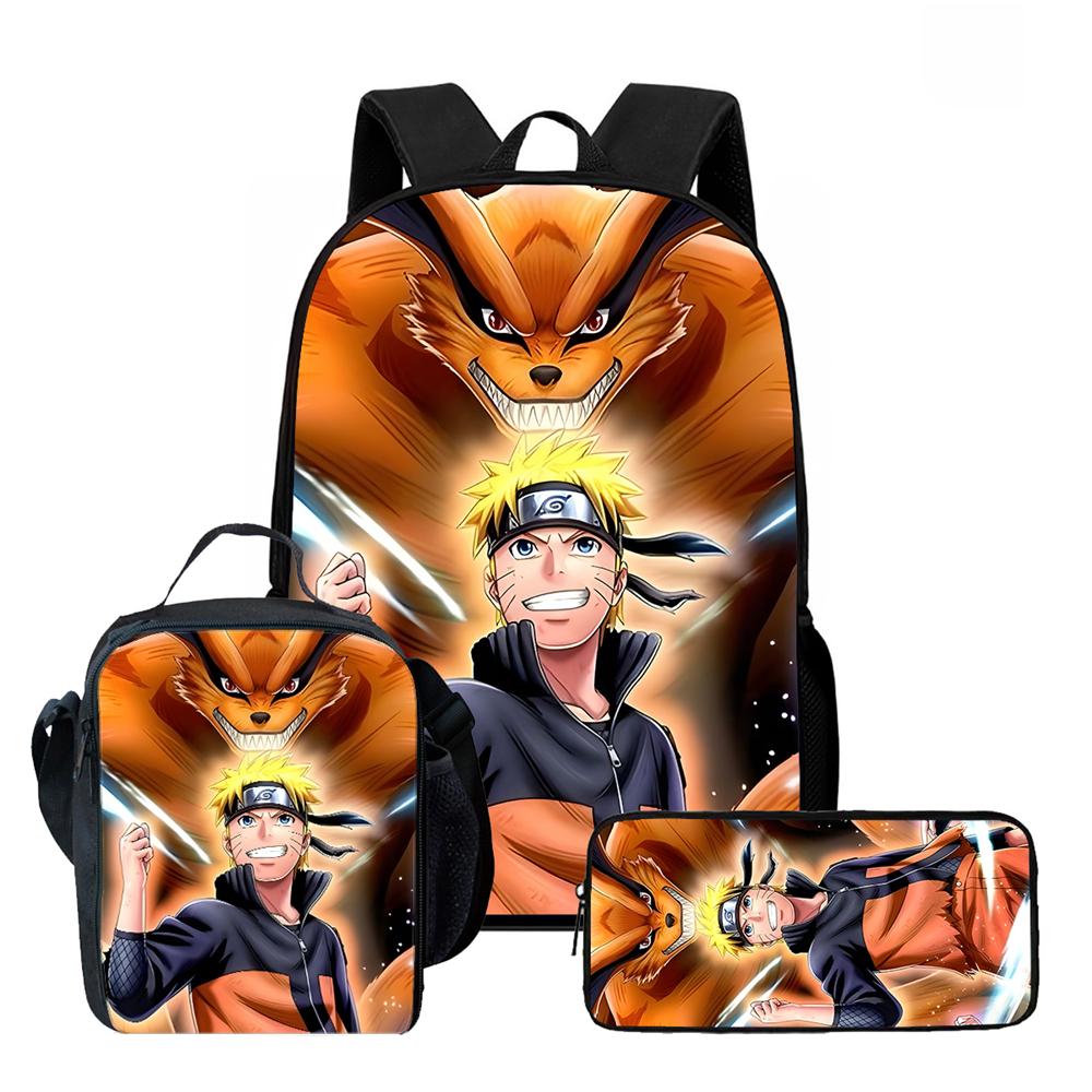 3Pcs Set NARUTO Anime School Rucksack With Front Pocket & Sling Carry Tote & Pencil Bag,Durable&Lightweight,for Boys&Girls Age 6-10