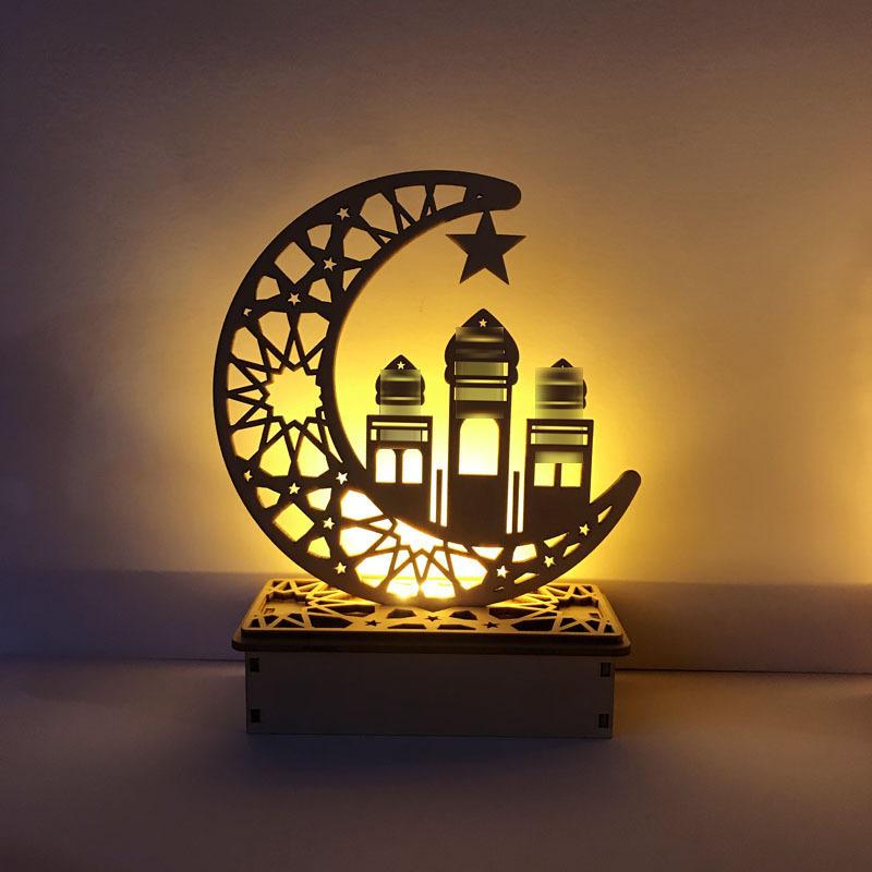 Ramadan Eid Wooden Moon Star Table Lamp Mubarak Decoration for Home Party Supplies Islamic Family Gathering Desktop Ornament