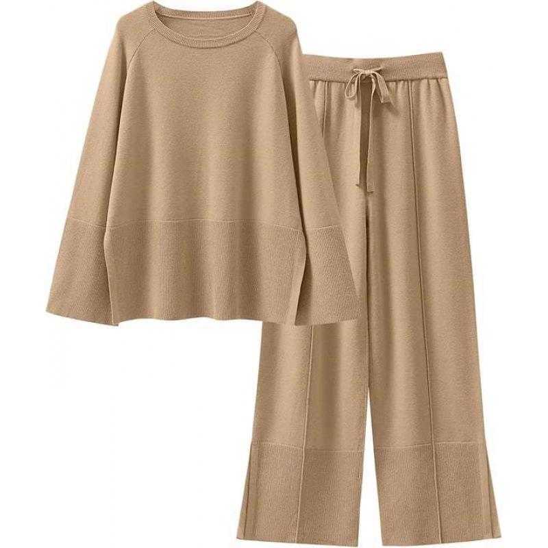 Autumn/Winter 2025 Bell Sleeve Knit Set - European/American Fashion, Round Neck, Slit Details