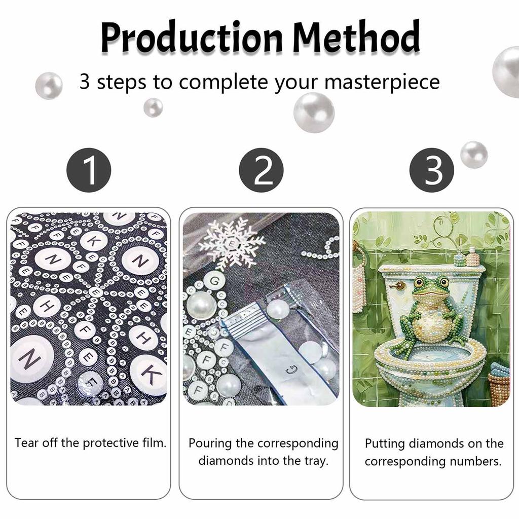 Framed Pearl Art DIY Kit with Cute Green Frog In Bathroom Pattern 3D Sparkling Bead Canvas Painting Handmade Gift for Home Decoration Wall Art