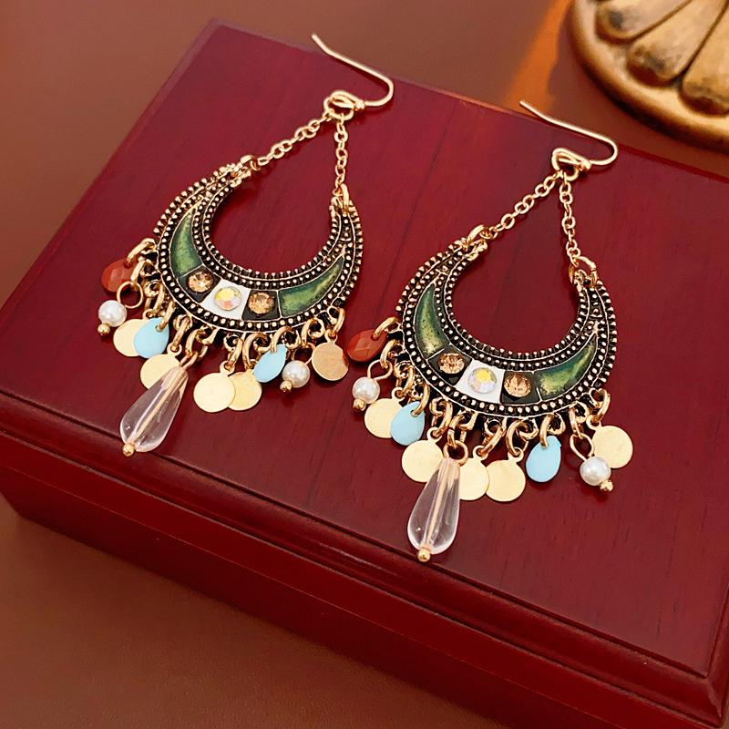 Bohemian Resin Diamond Moon Tassel Earrings - Retro Ethnic Style for Women