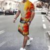 Herren Vintage Fliesenmosaik Patchwork Print Kurzarm T-Shirt und Passende Shorts Zweiteiliges Outfit
