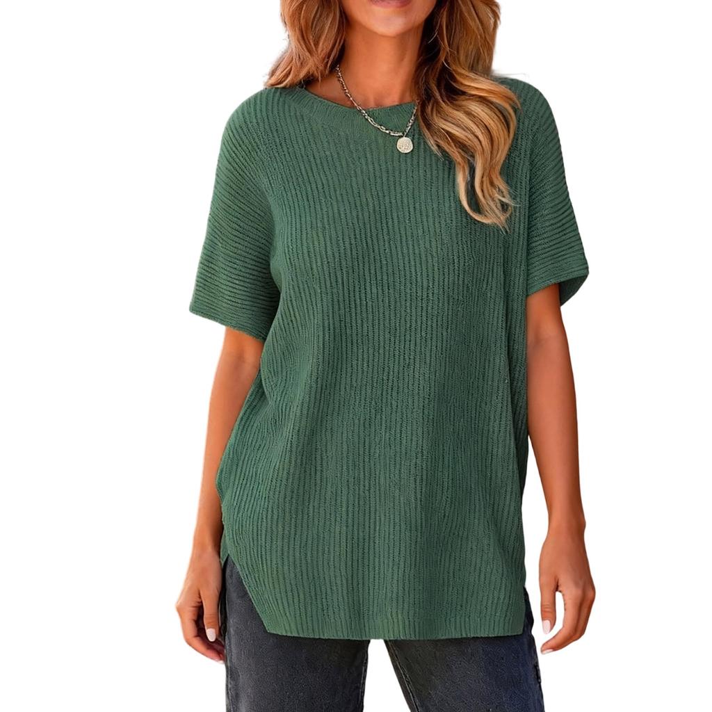 Women's Fashionable Casual Loose Color Pullover Knit T,shirt Women's Drop Shoulder Short Sleeve Top