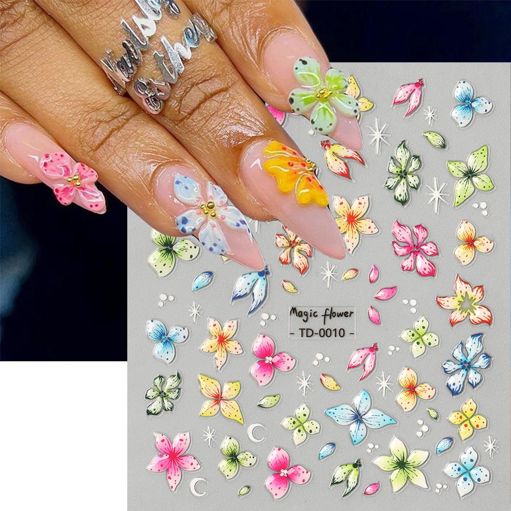 Nail Art Sticker, Embossed Three-Dimensional 5D Soft Glue, Ice-Penetrating Small Flower Ladybug Adhesive Nail Sticker
