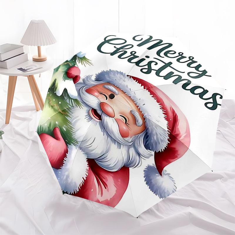 1 Stück Frohe Weihnachten! Festliches Nikolaus-Design Automatischer Faltregenschirm, Tragbares 3-fach faltbares Design, 8-Speichen-Eisenrahmen Outdoor-Regenschirm, Perfektes Geschenk für