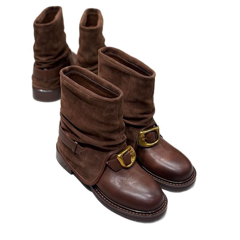 Sheepskin version~ Zhao Ruth has the same handmade round head belt buckle Martin boots for women's retro comfortable thick heel trousers and short