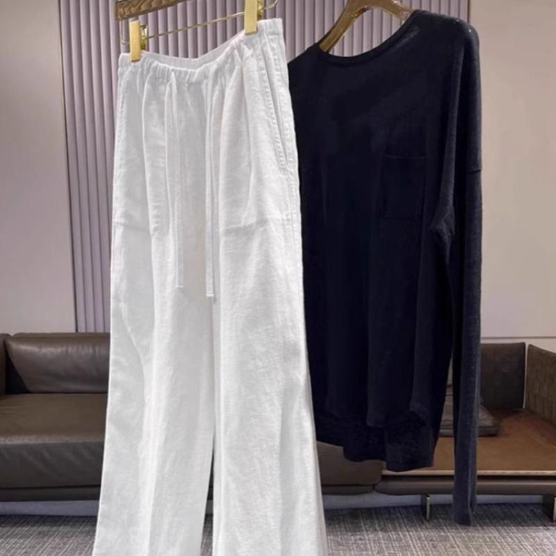 Summer Thin Linen Wide Leg Pants Women's High Waist Drape Premium Casual Cotton Linen White Straight Pants
