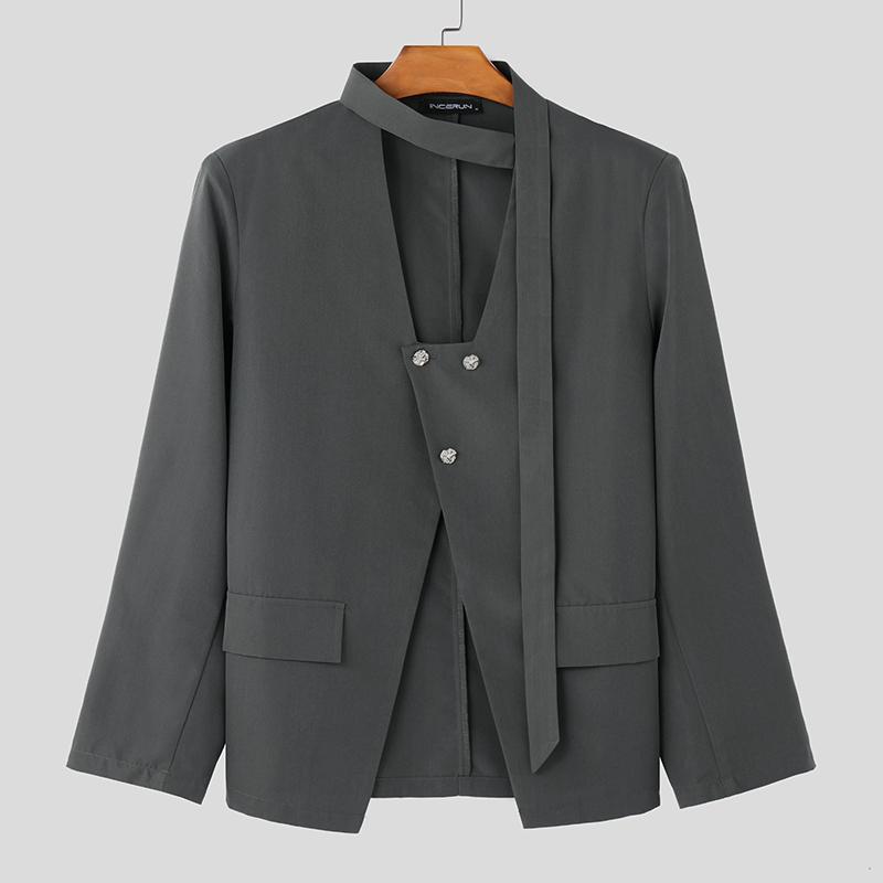 INCERUN Men Long Sleeve Button Splits Hem Belt Loose Thin Coats Tops