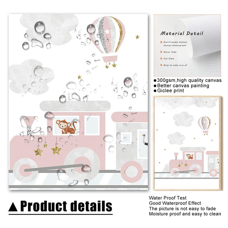 Pink Train Lion Giraffe Rainbow Balloon Flower Wall Art Canvas Prints Painting Posters Prints Pictures Girl Kids Room Home Decor